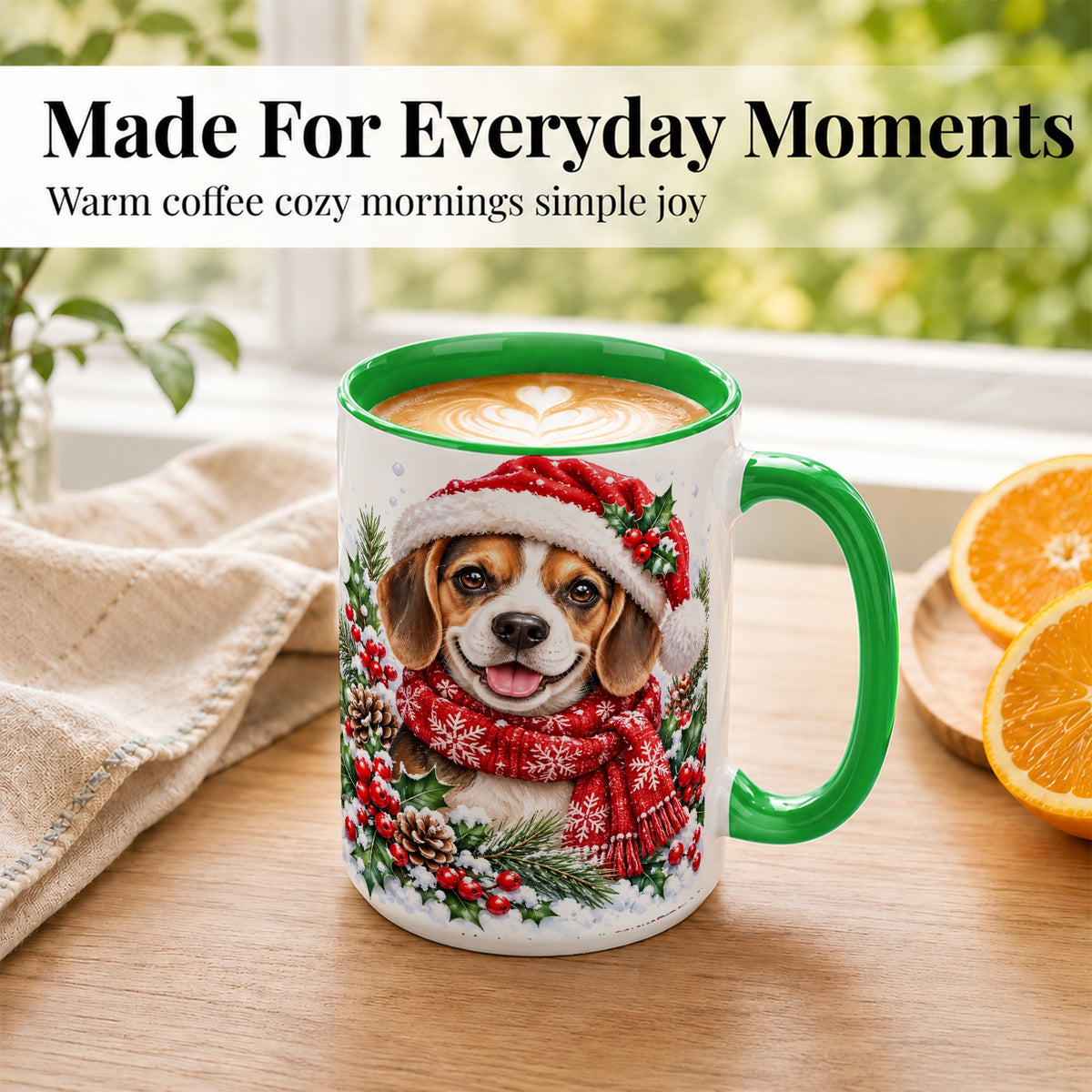 #pl[15oz|Green] Christmas Beagle Coffee Mug, Snowy Puppy Mug, Ceramic Cup