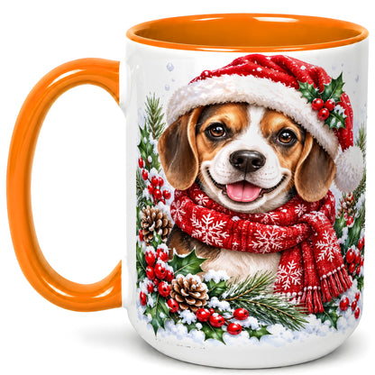 #pl[15oz|Orange] Christmas Beagle Coffee Mug, Snowy Puppy Mug, Ceramic Cup