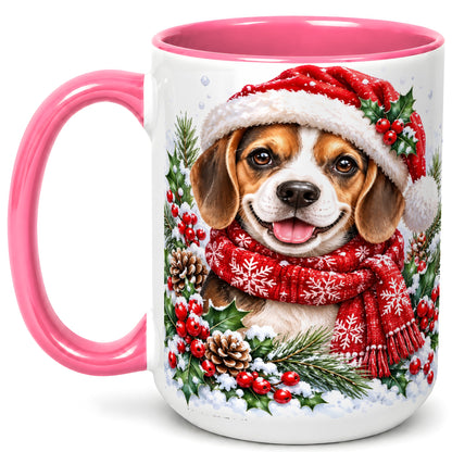 #pl[15oz|Pink] Christmas Beagle Coffee Mug, Snowy Puppy Mug, Ceramic Cup