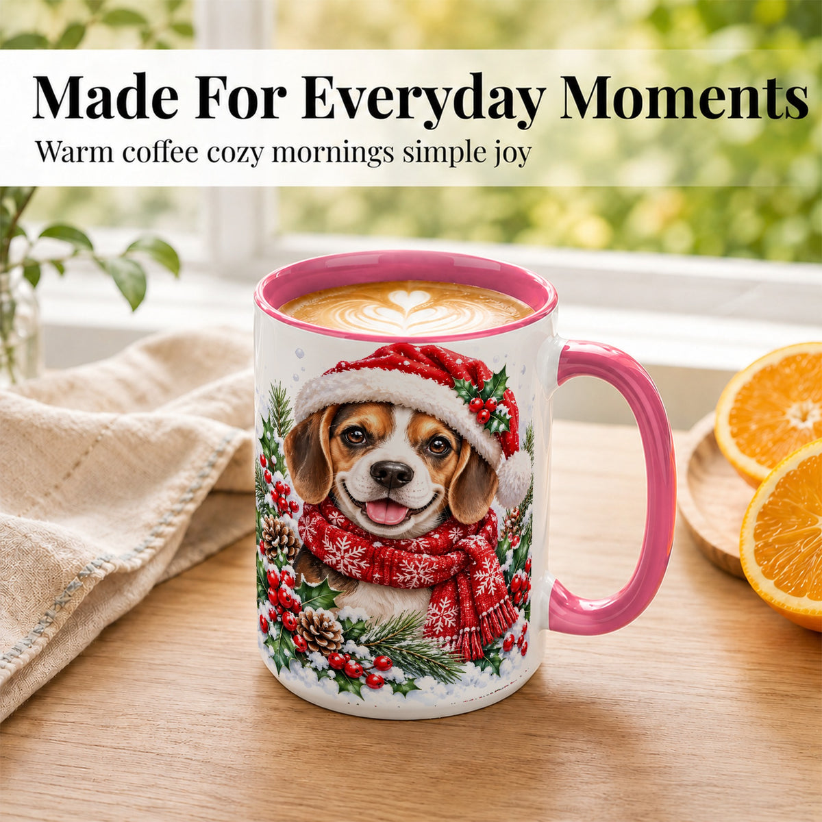 #pl[15oz|Pink] Christmas Beagle Coffee Mug, Snowy Puppy Mug, Ceramic Cup