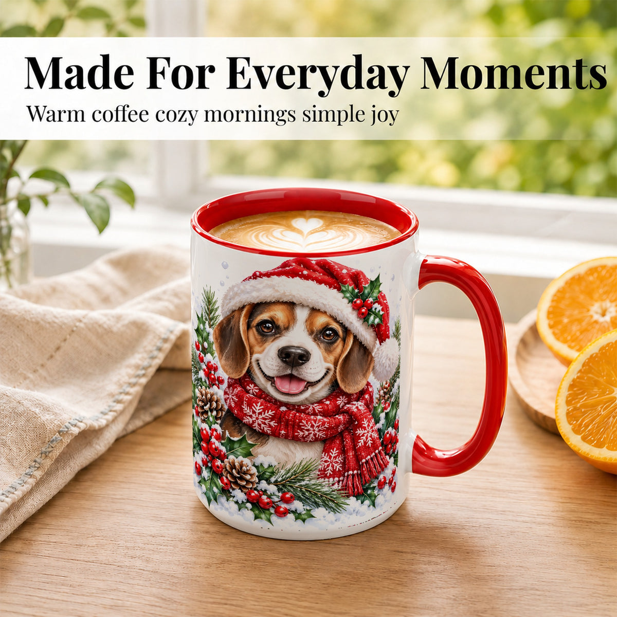 #pl[15oz|Red] Christmas Beagle Coffee Mug, Snowy Puppy Mug, Ceramic Cup