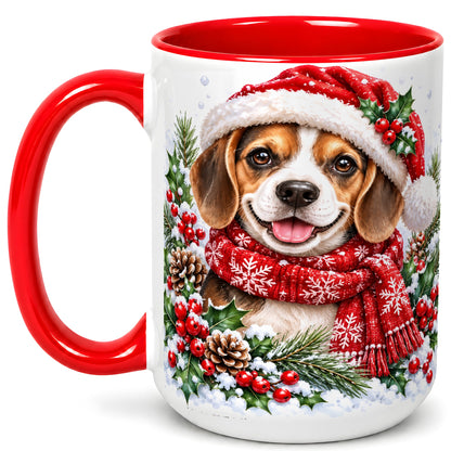 #pl[15oz|Red] Christmas Beagle Coffee Mug, Snowy Puppy Mug, Ceramic Cup
