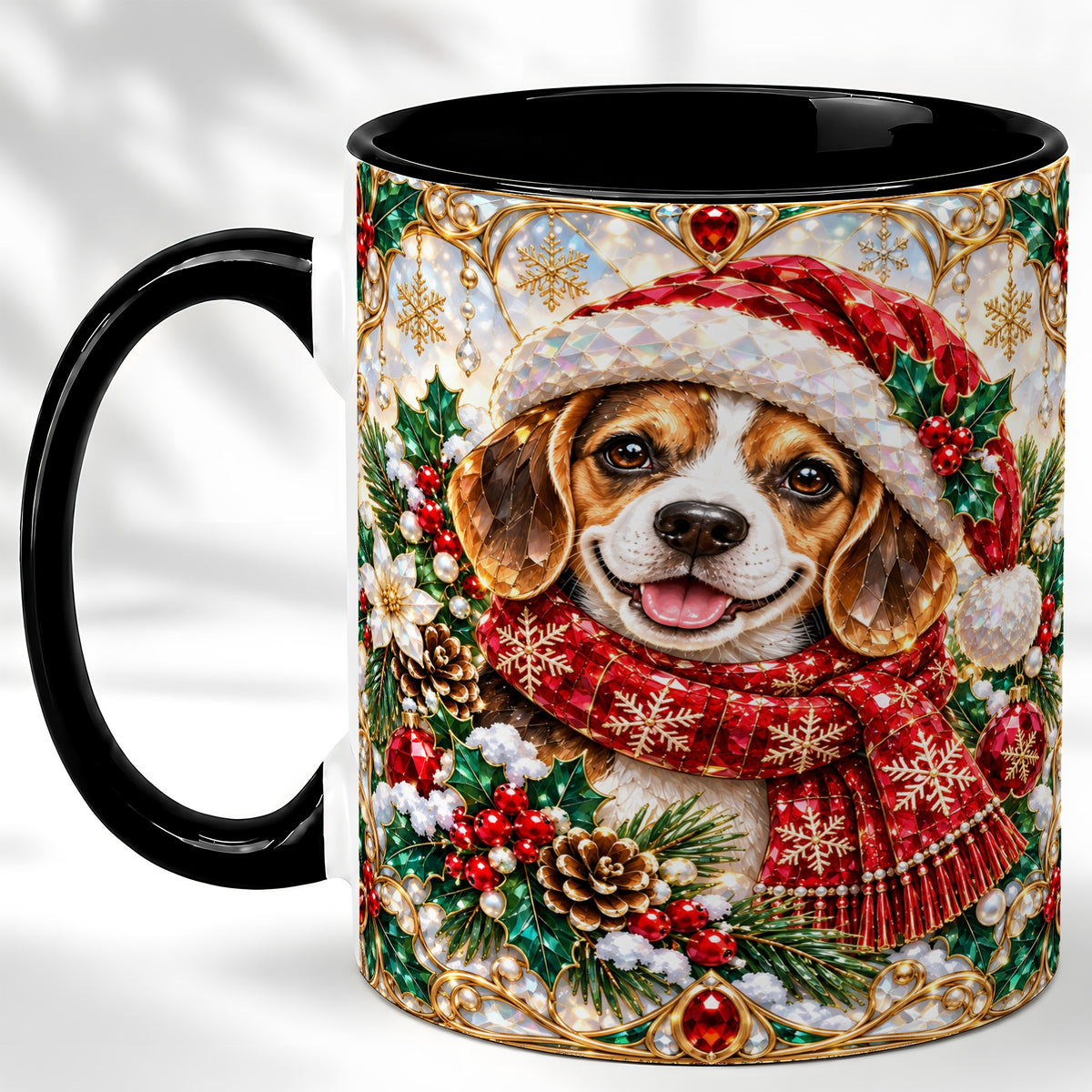 #pl[11oz|Black] Jeweled Beagle Coffee Mug, Christmas Puppy Mug, Ceramic Cup