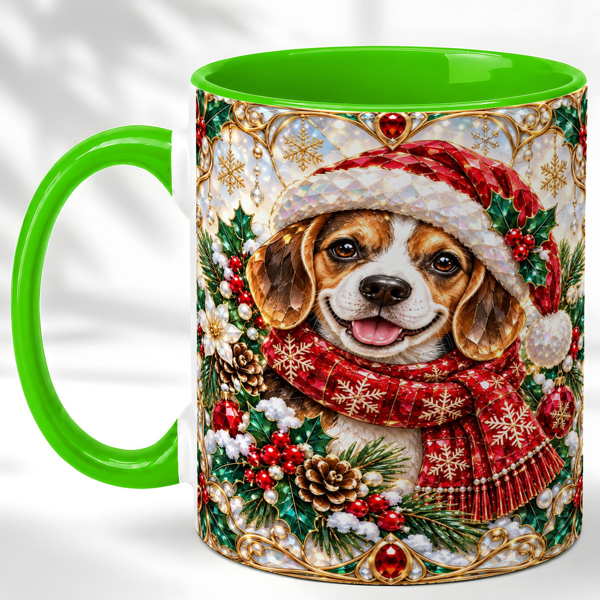 #pl[11oz|Green] Jeweled Beagle Coffee Mug, Christmas Puppy Mug, Ceramic Cup