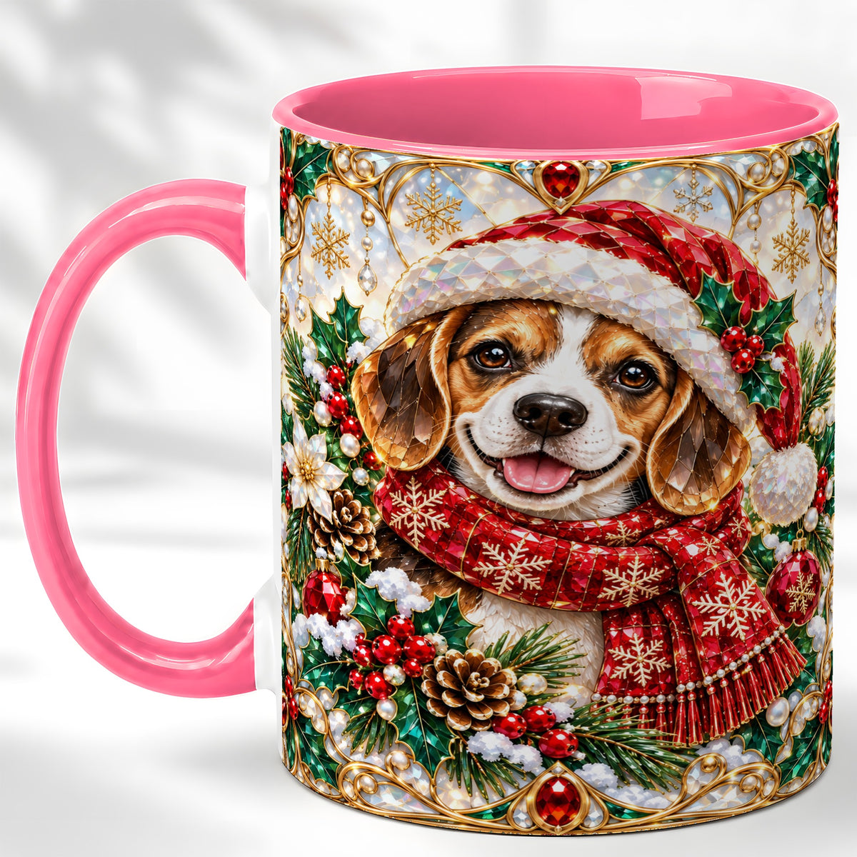 #pl[11oz|Pink] Jeweled Beagle Coffee Mug, Christmas Puppy Mug, Ceramic Cup