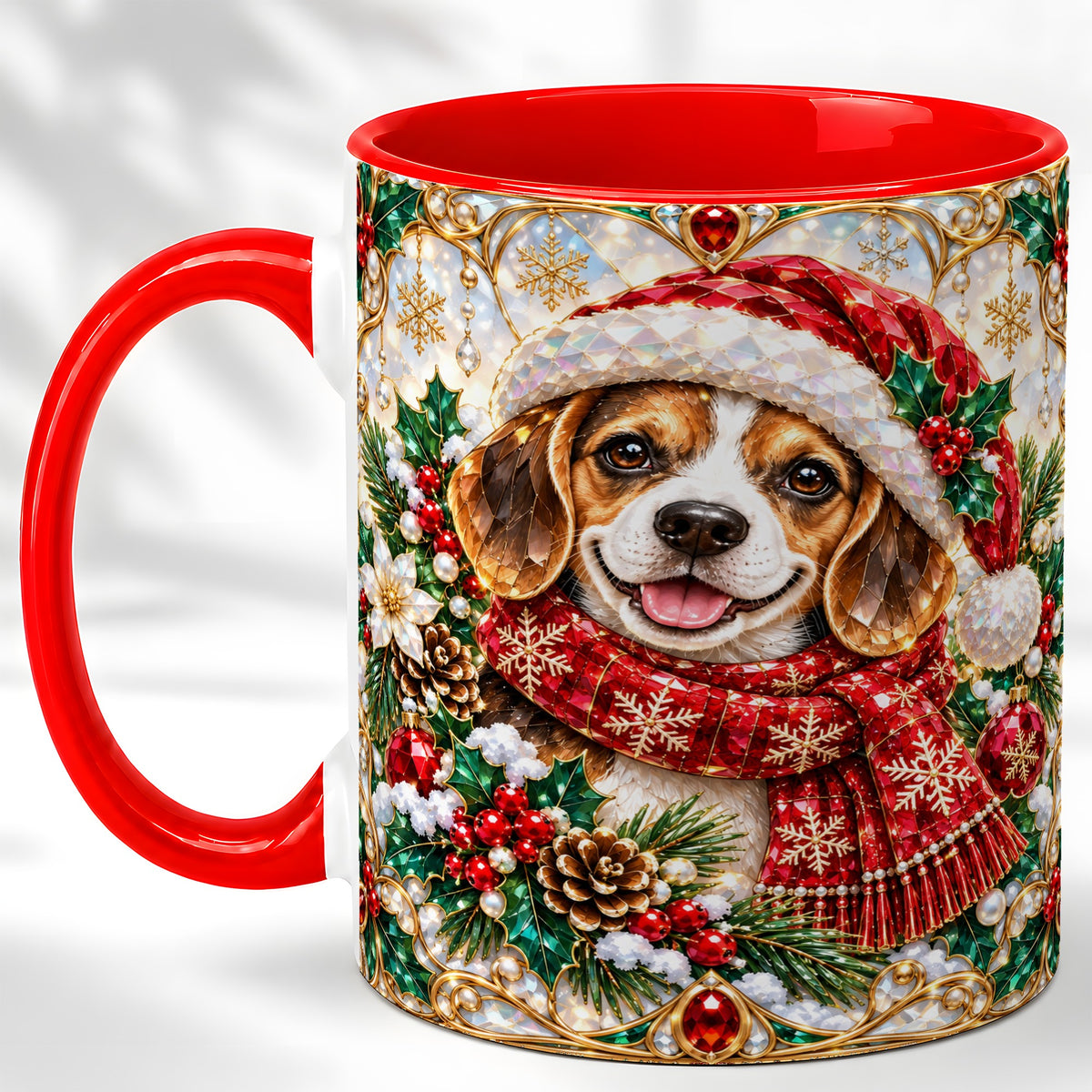 Jeweled Beagle Coffee Mug, Christmas Puppy Mug, Ceramic Cup