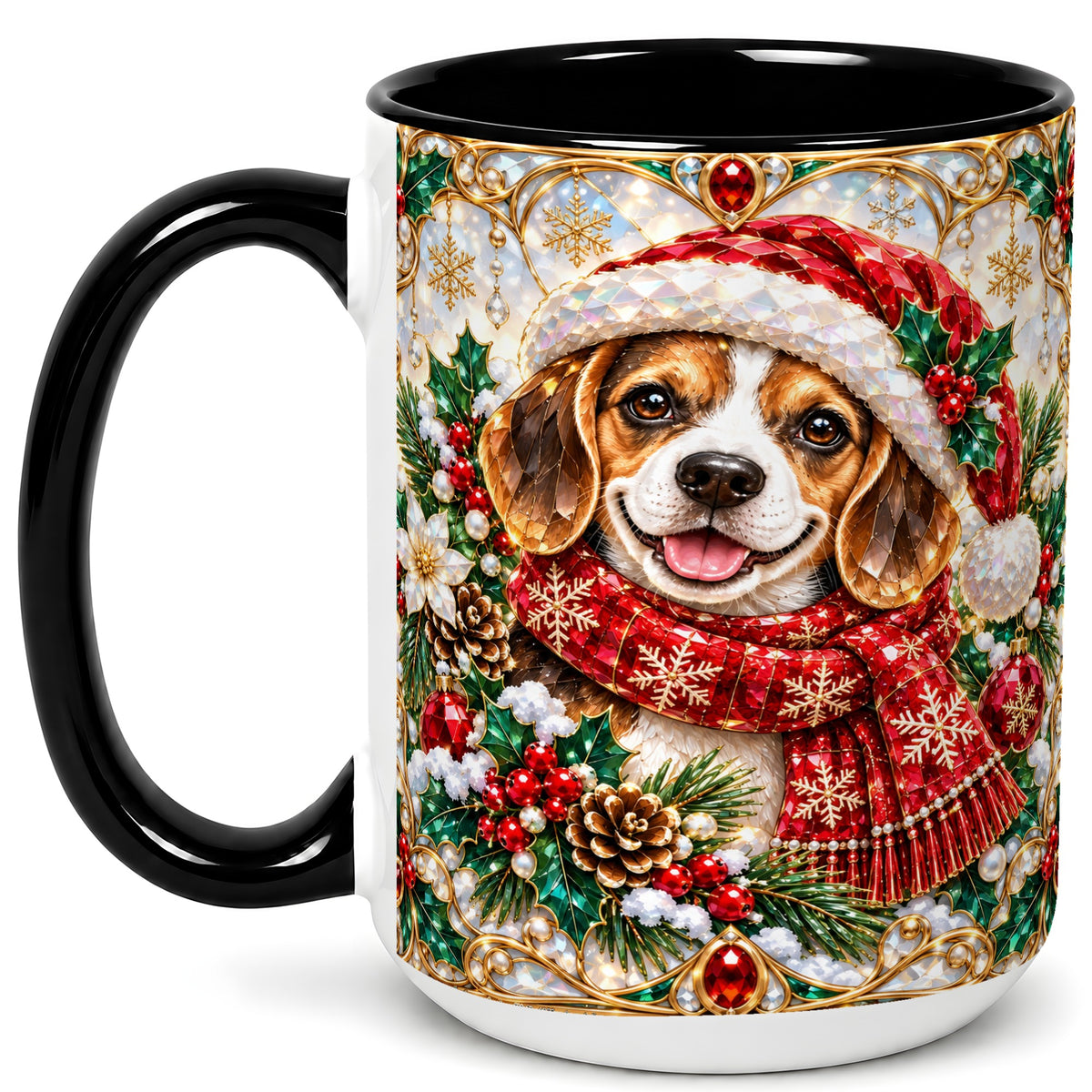 #pl[15oz|Black] Jeweled Beagle Coffee Mug, Christmas Puppy Mug, Ceramic Cup