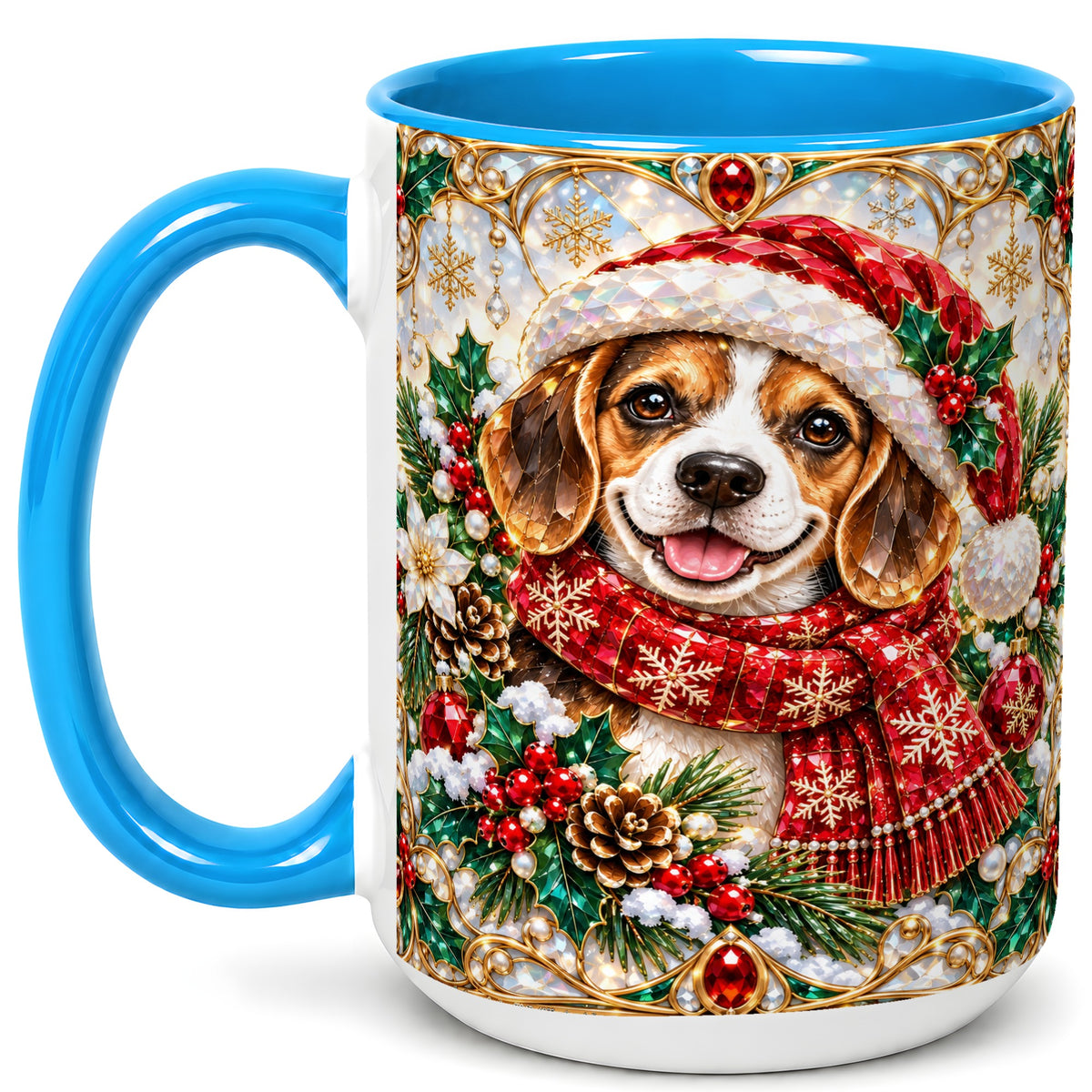 #pl[15oz|Blue] Jeweled Beagle Coffee Mug, Christmas Puppy Mug, Ceramic Cup