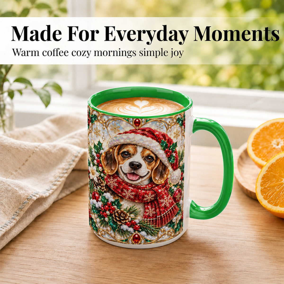 #pl[15oz|Green] Jeweled Beagle Coffee Mug, Christmas Puppy Mug, Ceramic Cup