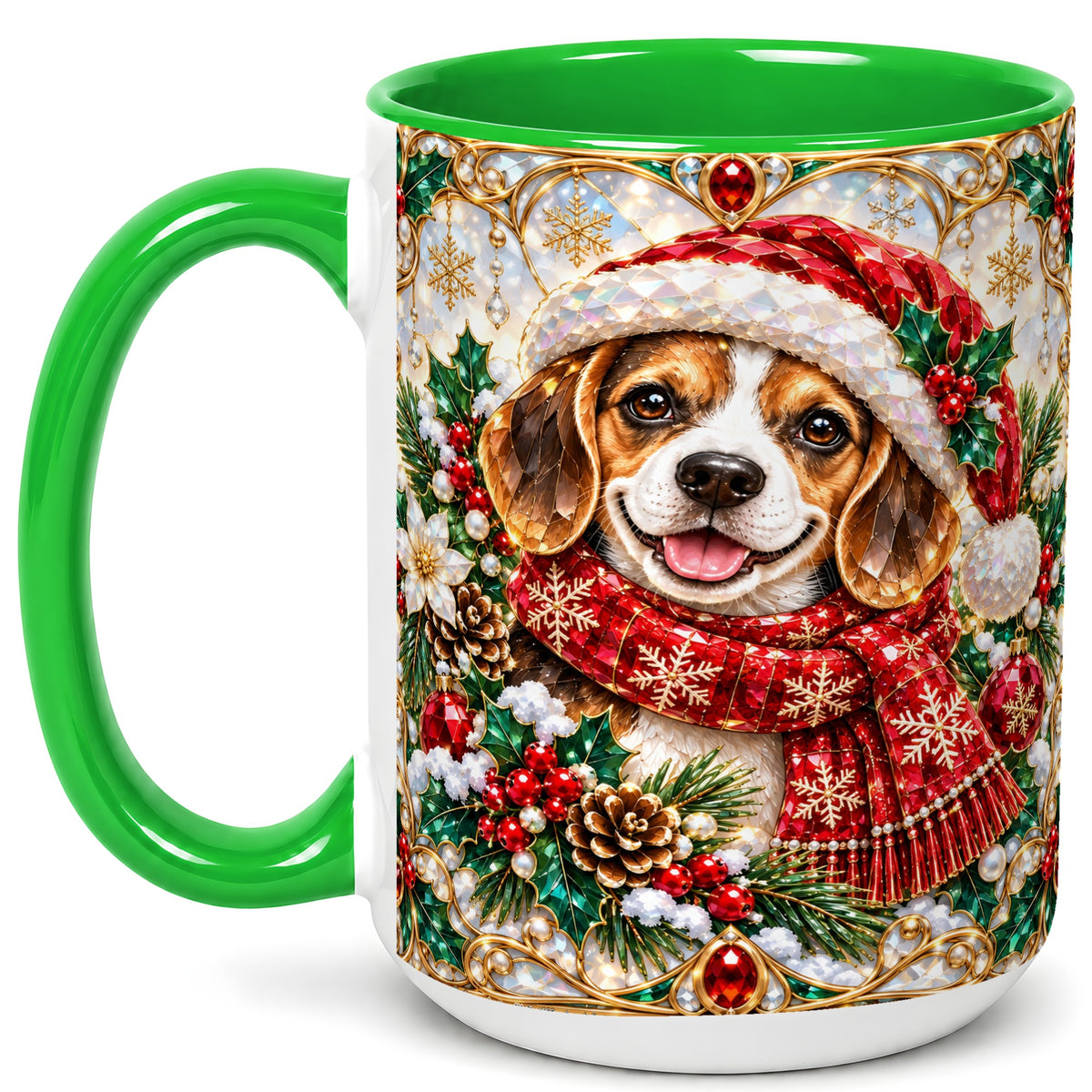 #pl[15oz|Green] Jeweled Beagle Coffee Mug, Christmas Puppy Mug, Ceramic Cup