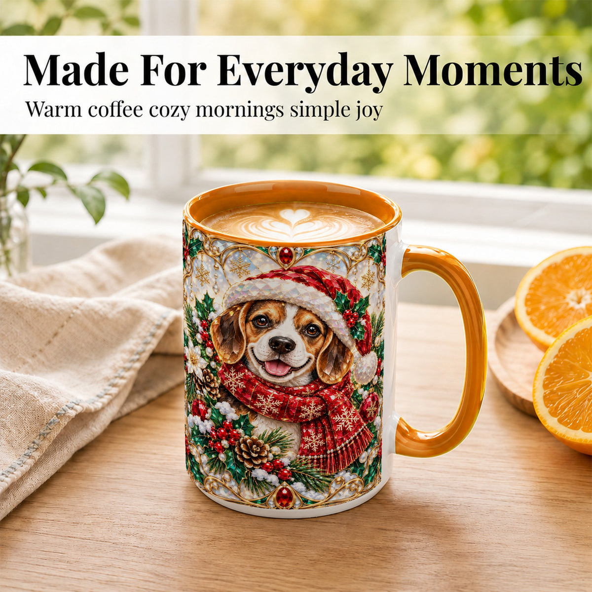 #pl[15oz|Orange] Jeweled Beagle Coffee Mug, Christmas Puppy Mug, Ceramic Cup