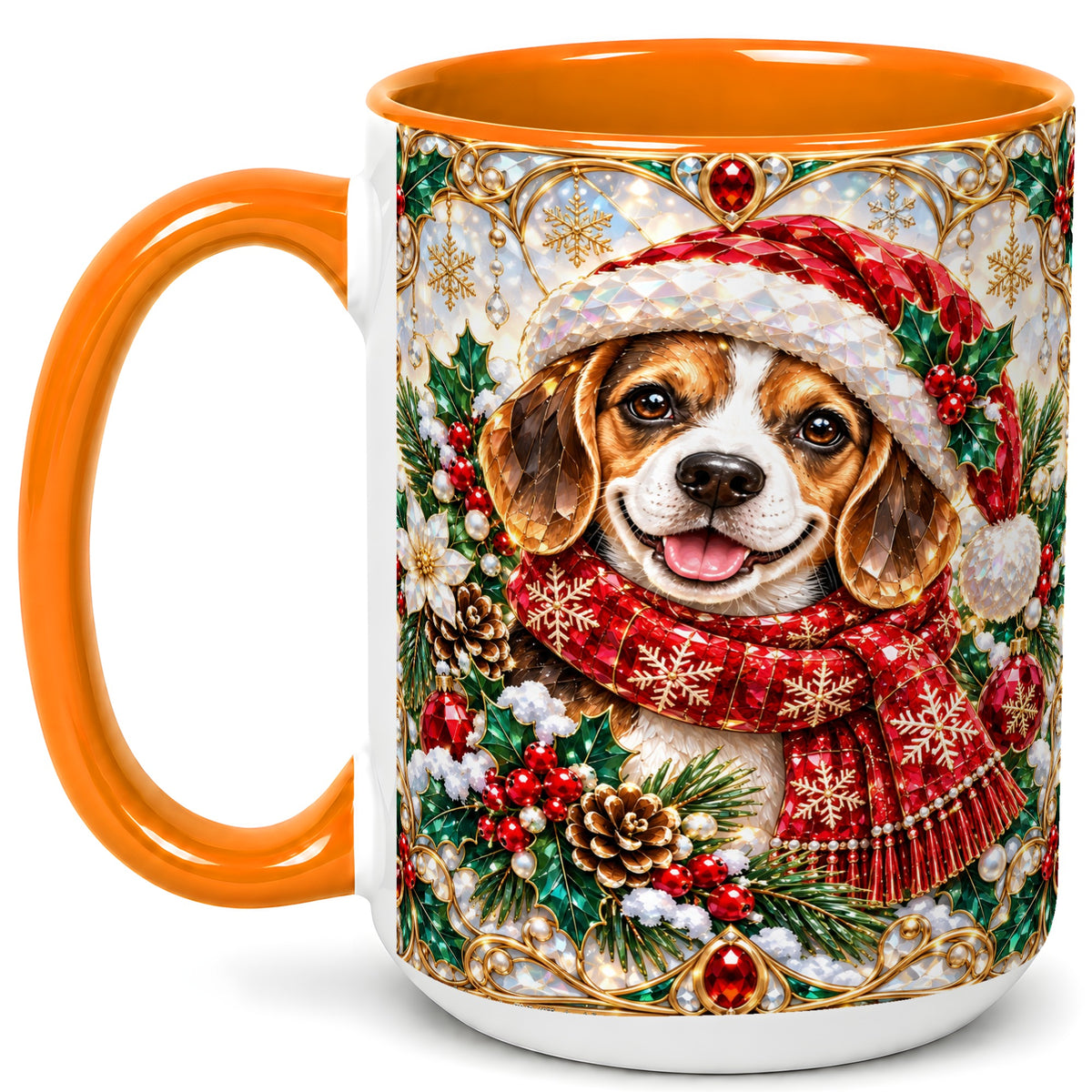 #pl[15oz|Orange] Jeweled Beagle Coffee Mug, Christmas Puppy Mug, Ceramic Cup