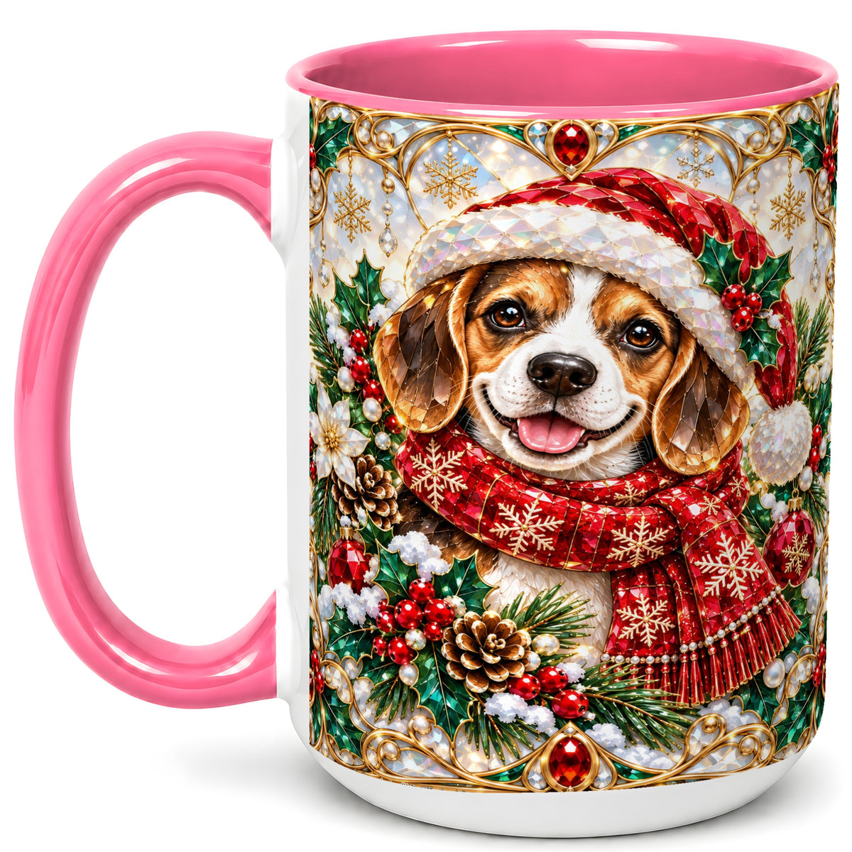 #pl[15oz|Pink] Jeweled Beagle Coffee Mug, Christmas Puppy Mug, Ceramic Cup