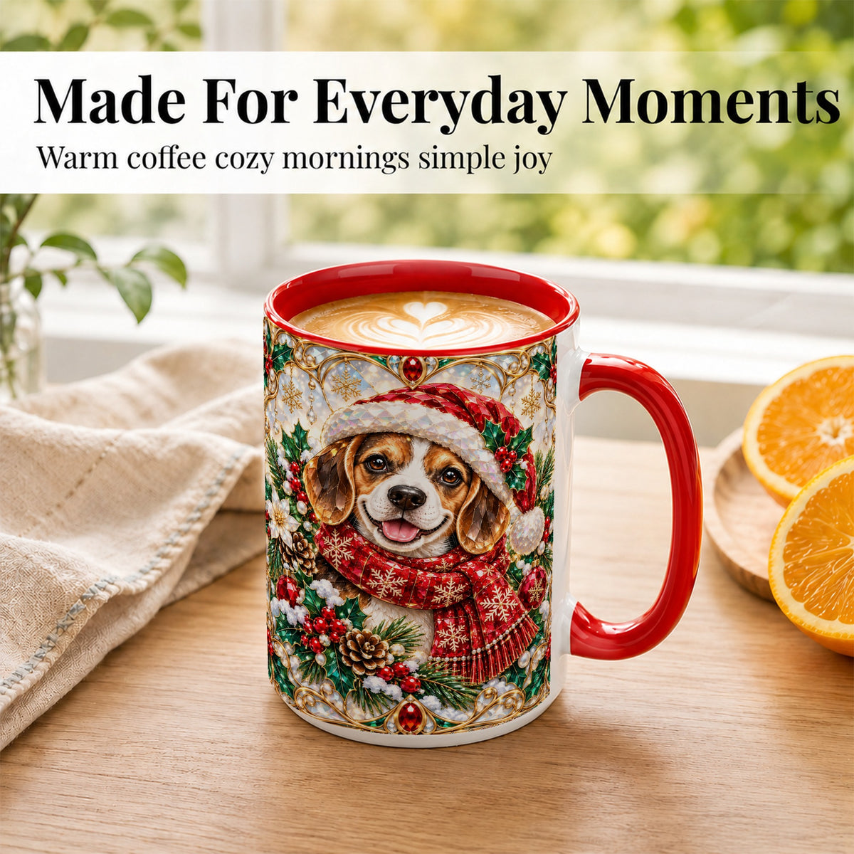 #pl[15oz|Red] Jeweled Beagle Coffee Mug, Christmas Puppy Mug, Ceramic Cup