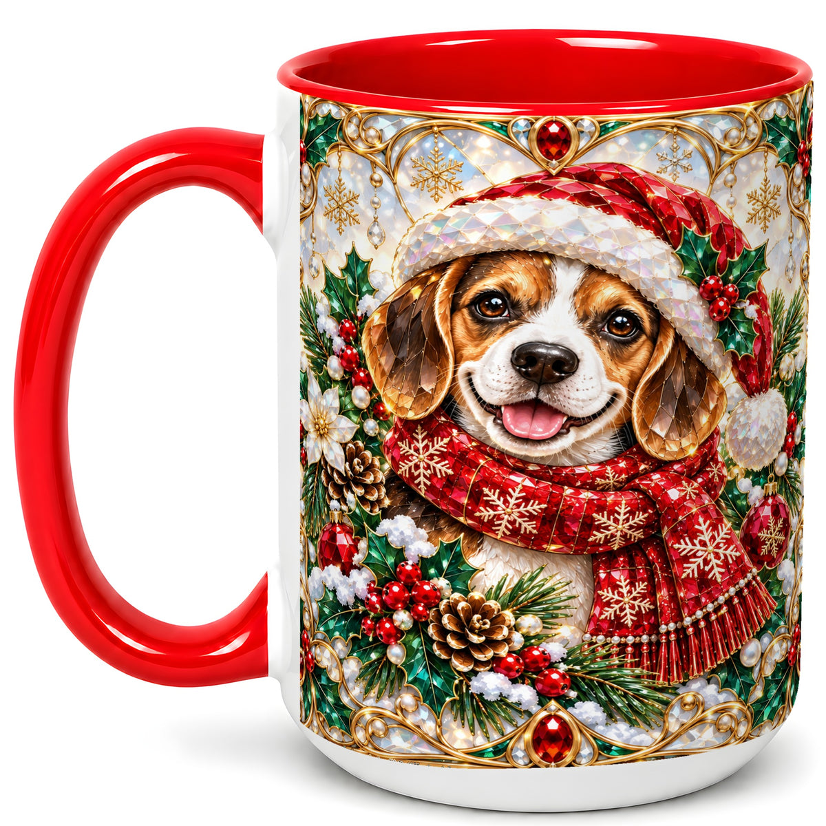 #pl[15oz|Red] Jeweled Beagle Coffee Mug, Christmas Puppy Mug, Ceramic Cup