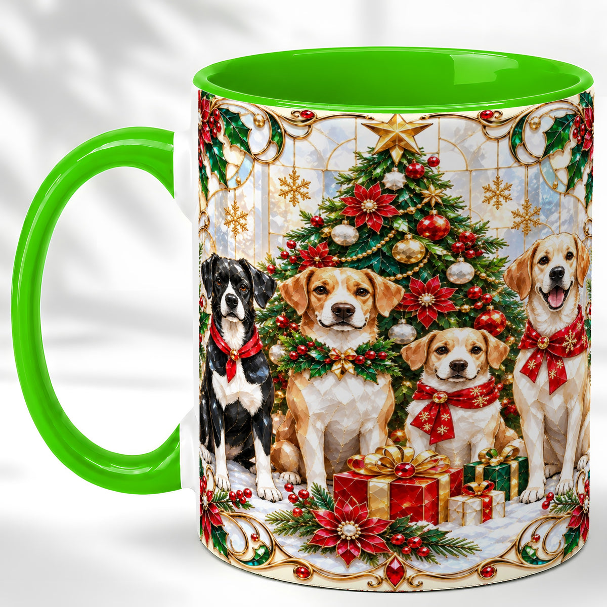 #pl[11oz|Green] Christmas Dogs Coffee Mug, Holiday Pet Mug, Ceramic Cup