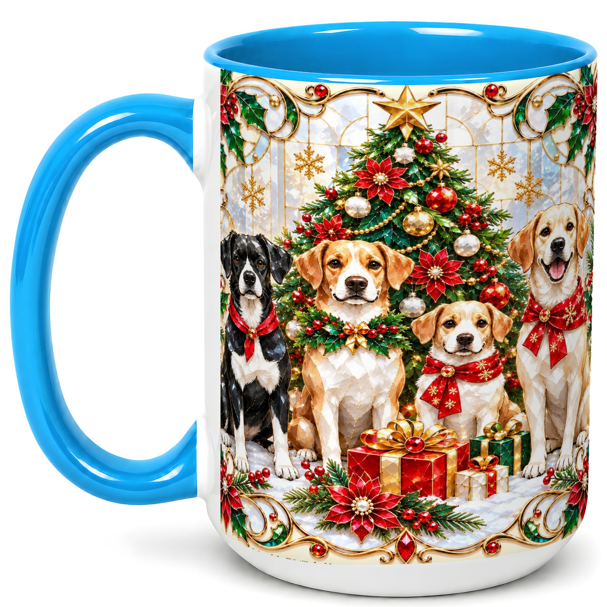 #pl[15oz|Blue] Christmas Dogs Coffee Mug, Holiday Pet Mug, Ceramic Cup