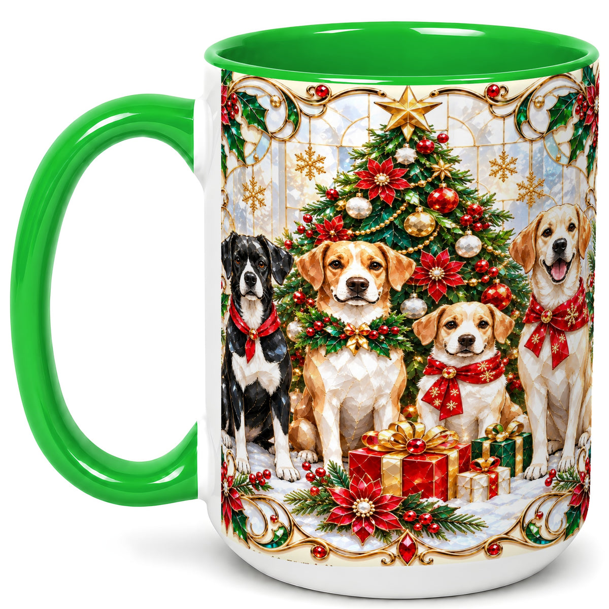 #pl[15oz|Green] Christmas Dogs Coffee Mug, Holiday Pet Mug, Ceramic Cup