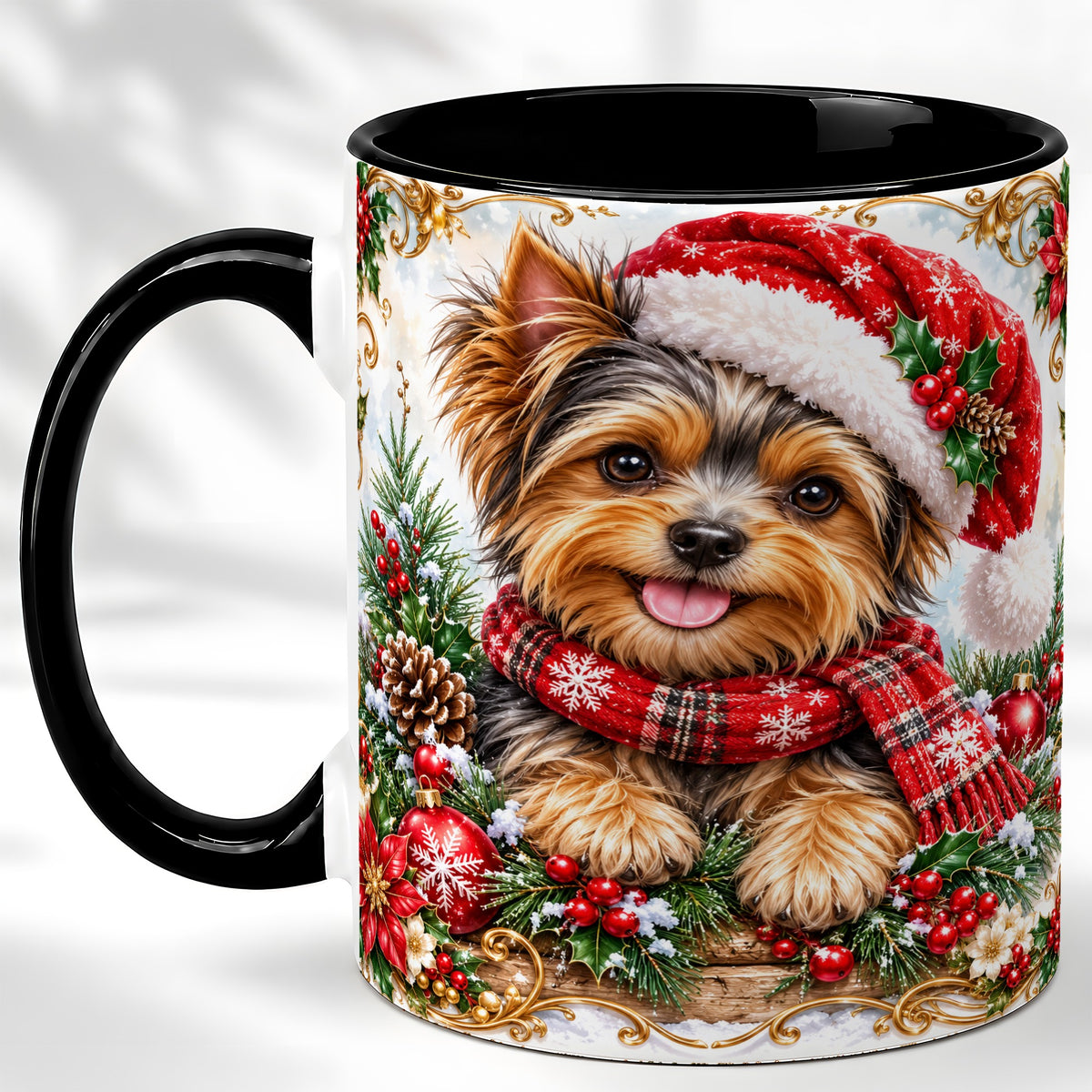 #pl[11oz|Black] Christmas Yorkie Coffee Mug, Holiday Puppy Mug, Ceramic Cup