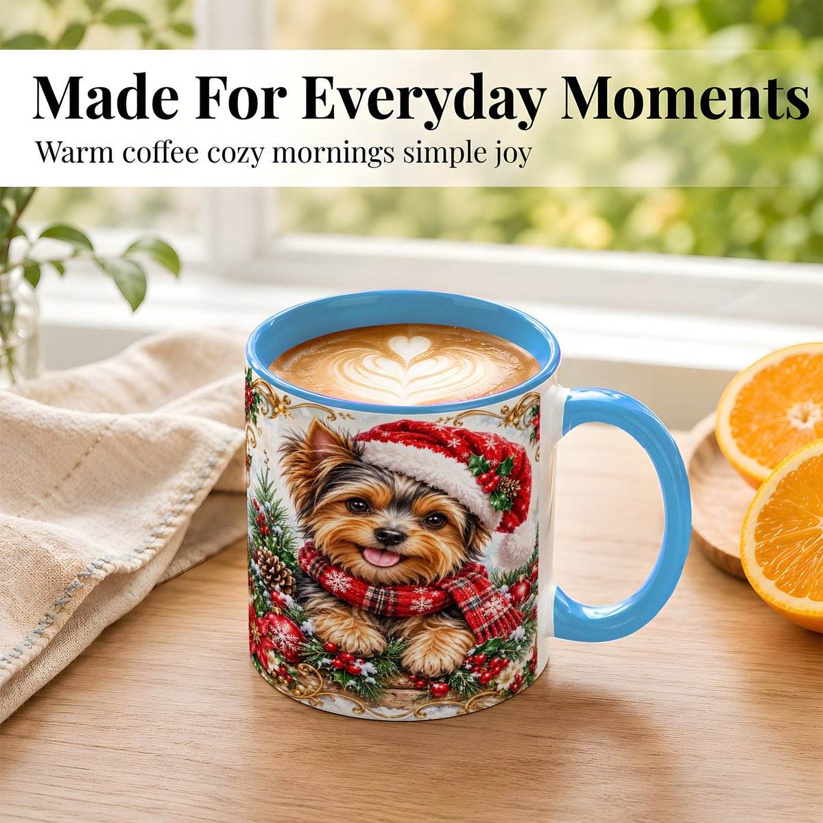 #pl[11oz|Blue] Christmas Yorkie Coffee Mug, Holiday Puppy Mug, Ceramic Cup