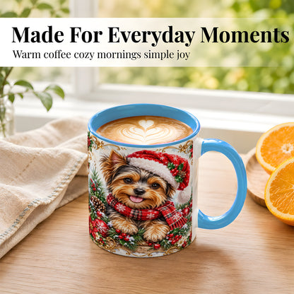 #pl[11oz|Blue] Christmas Yorkie Coffee Mug, Holiday Puppy Mug, Ceramic Cup