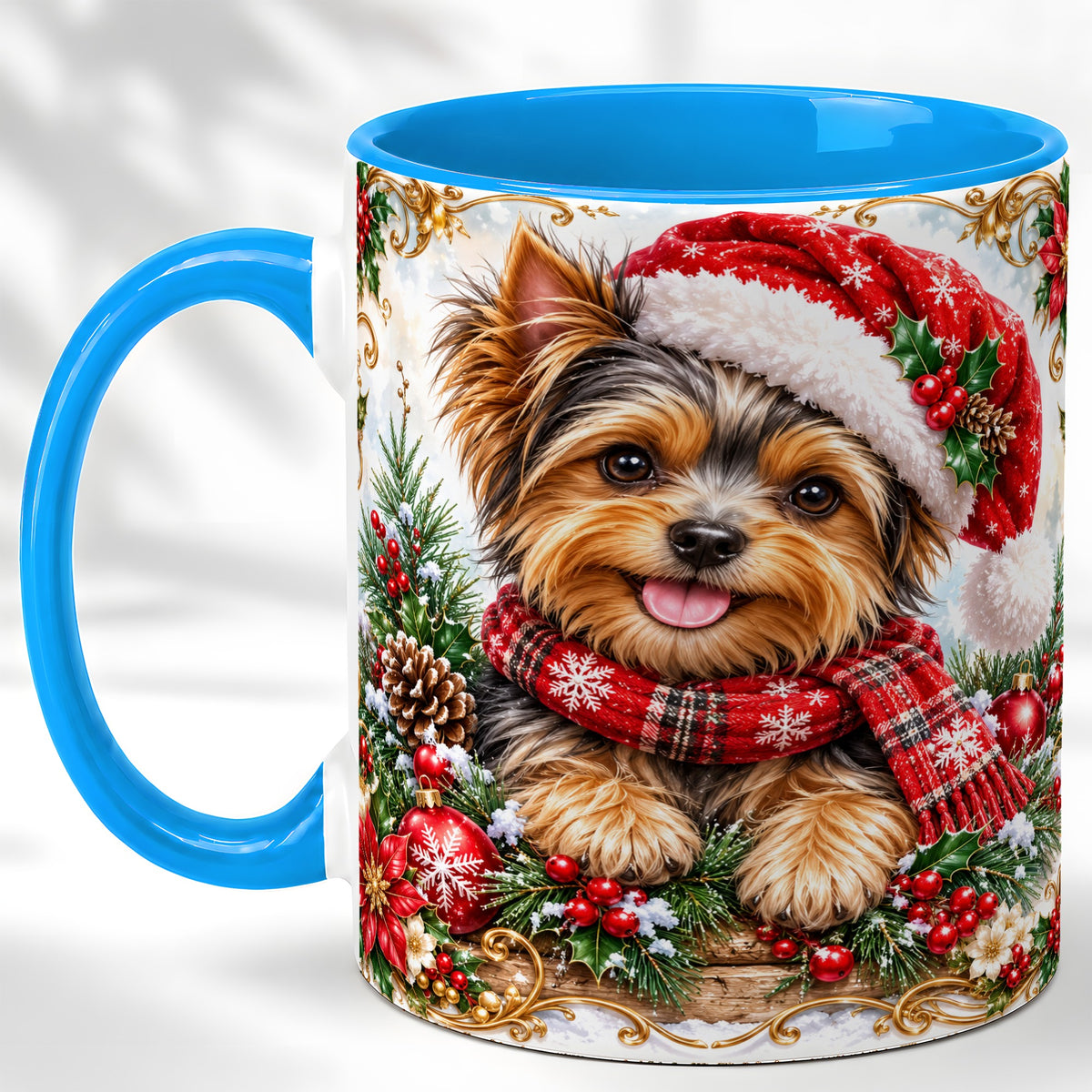 #pl[11oz|Blue] Christmas Yorkie Coffee Mug, Holiday Puppy Mug, Ceramic Cup