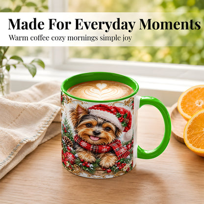 #pl[11oz|Green] Christmas Yorkie Coffee Mug, Holiday Puppy Mug, Ceramic Cup