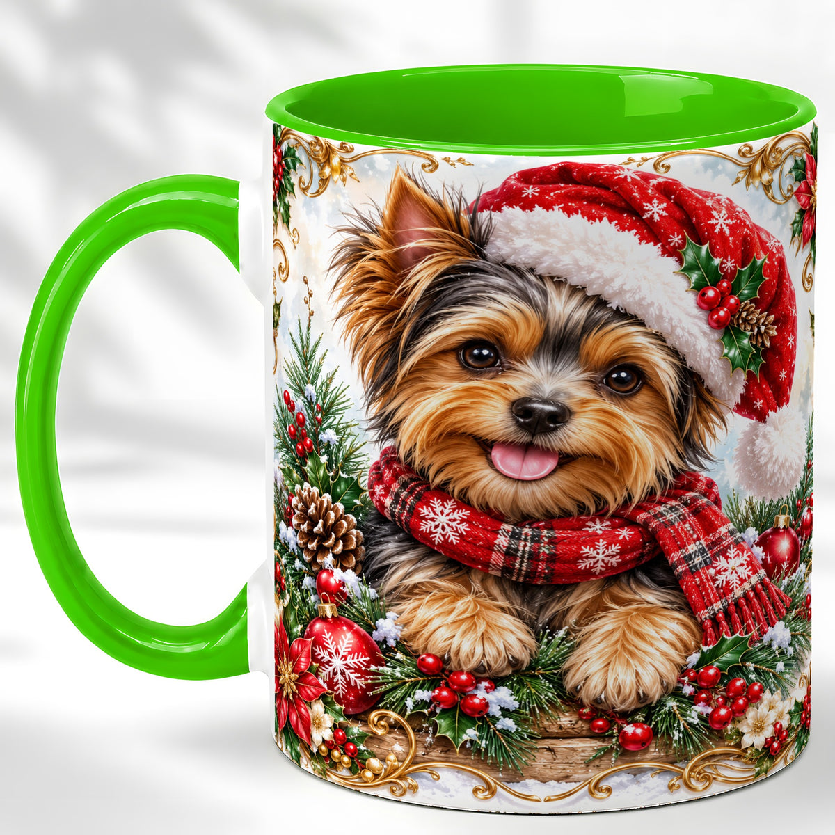 #pl[11oz|Green] Christmas Yorkie Coffee Mug, Holiday Puppy Mug, Ceramic Cup