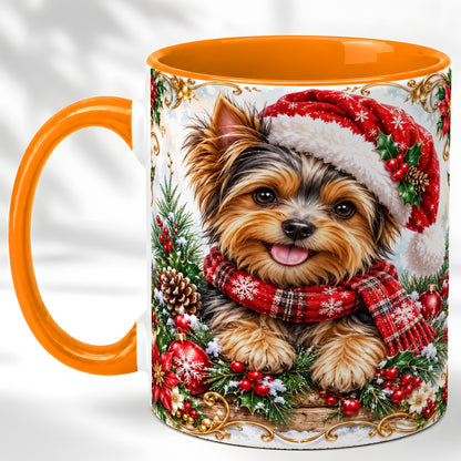 #pl[11oz|Orange] Christmas Yorkie Coffee Mug, Holiday Puppy Mug, Ceramic Cup