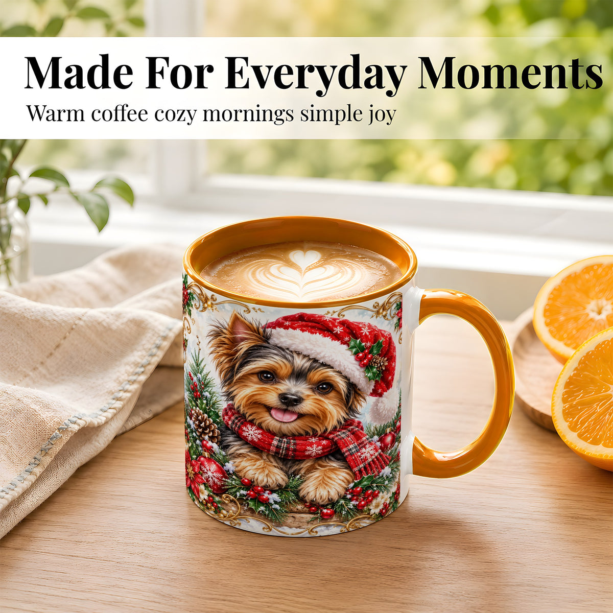 #pl[11oz|Orange] Christmas Yorkie Coffee Mug, Holiday Puppy Mug, Ceramic Cup