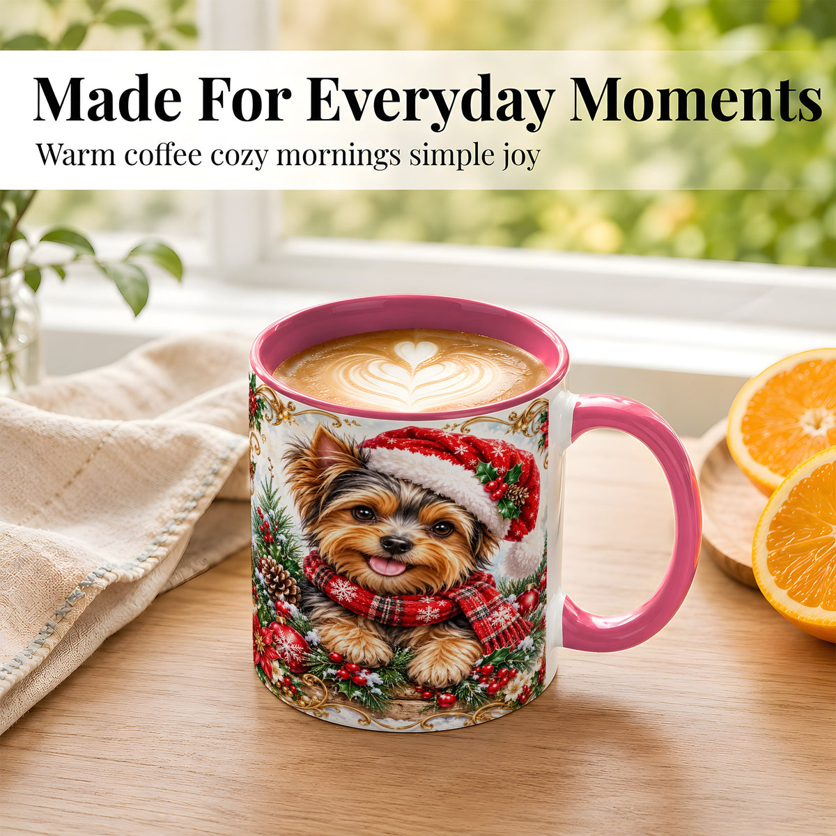 #pl[11oz|Pink] Christmas Yorkie Coffee Mug, Holiday Puppy Mug, Ceramic Cup