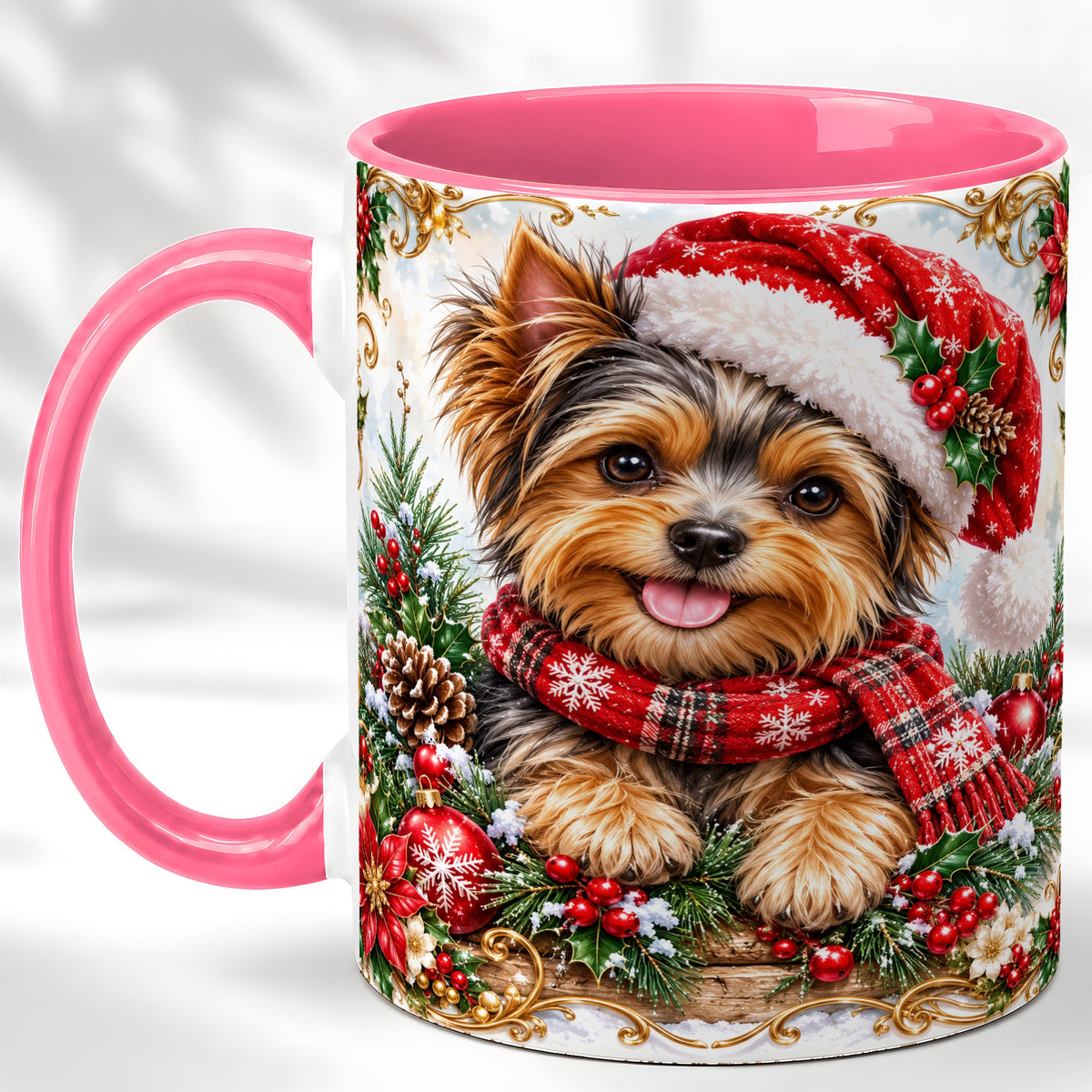#pl[11oz|Pink] Christmas Yorkie Coffee Mug, Holiday Puppy Mug, Ceramic Cup