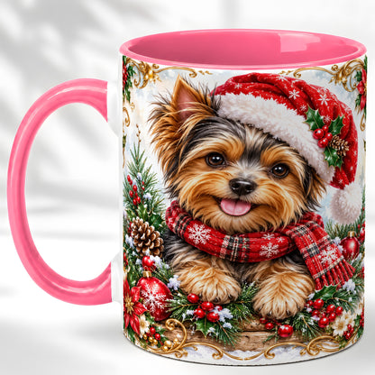 #pl[11oz|Pink] Christmas Yorkie Coffee Mug, Holiday Puppy Mug, Ceramic Cup