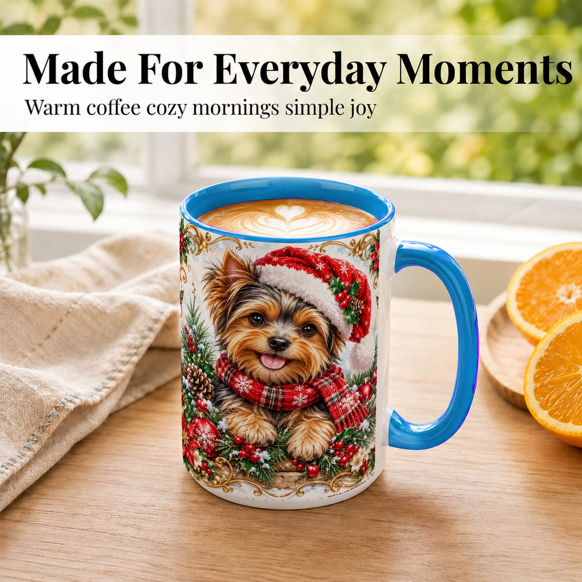 #pl[15oz|Blue] Christmas Yorkie Coffee Mug, Holiday Puppy Mug, Ceramic Cup