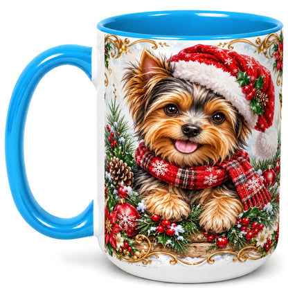 #pl[15oz|Blue] Christmas Yorkie Coffee Mug, Holiday Puppy Mug, Ceramic Cup