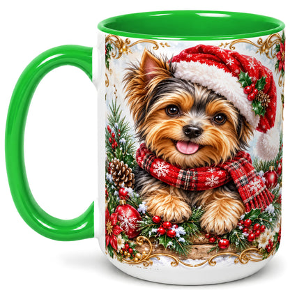 #pl[15oz|Green] Christmas Yorkie Coffee Mug, Holiday Puppy Mug, Ceramic Cup