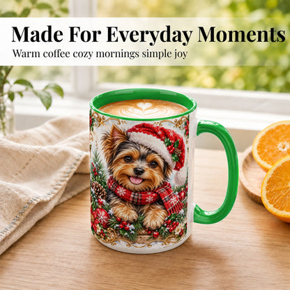 #pl[15oz|Green] Christmas Yorkie Coffee Mug, Holiday Puppy Mug, Ceramic Cup