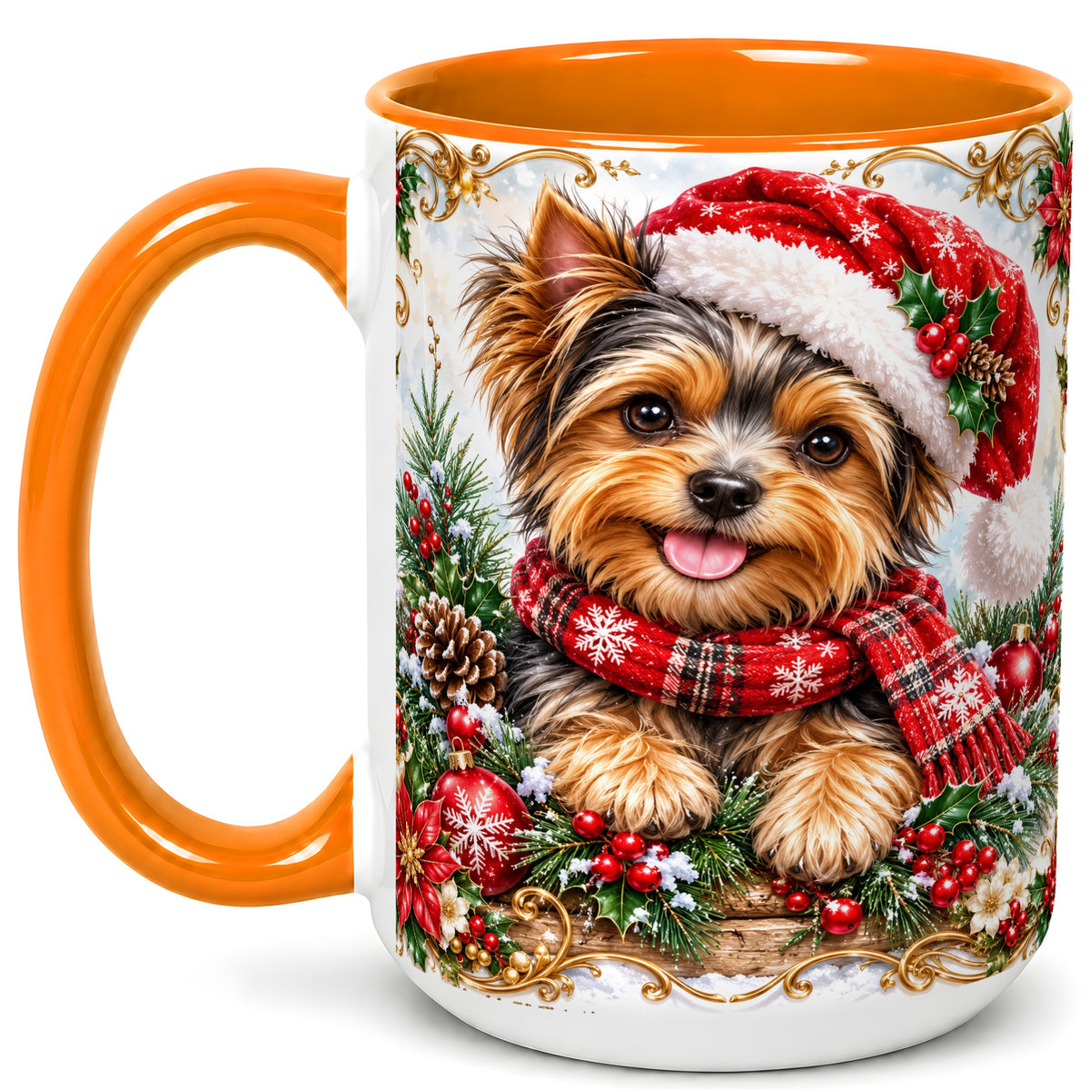 #pl[15oz|Orange] Christmas Yorkie Coffee Mug, Holiday Puppy Mug, Ceramic Cup