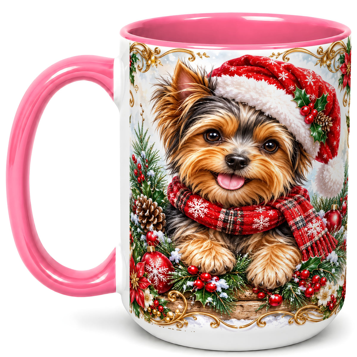 #pl[15oz|Pink] Christmas Yorkie Coffee Mug, Holiday Puppy Mug, Ceramic Cup