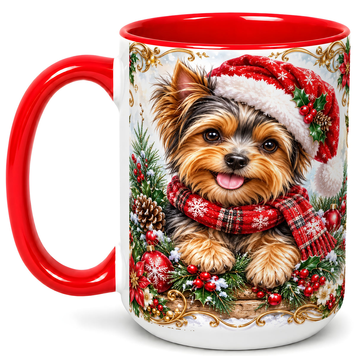 #pl[15oz|Red] Christmas Yorkie Coffee Mug, Holiday Puppy Mug, Ceramic Cup