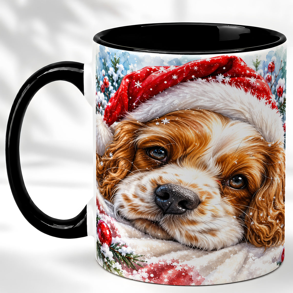 #pl[11oz|Black] Christmas Spaniel Coffee Mug, Santa Dog Mug, Ceramic Cup