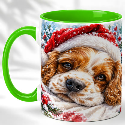 #pl[11oz|Green] Christmas Spaniel Coffee Mug, Santa Dog Mug, Ceramic Cup
