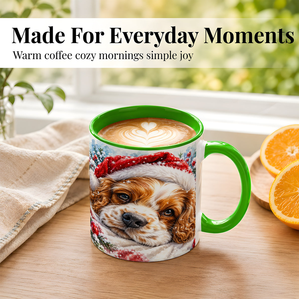 #pl[11oz|Green] Christmas Spaniel Coffee Mug, Santa Dog Mug, Ceramic Cup