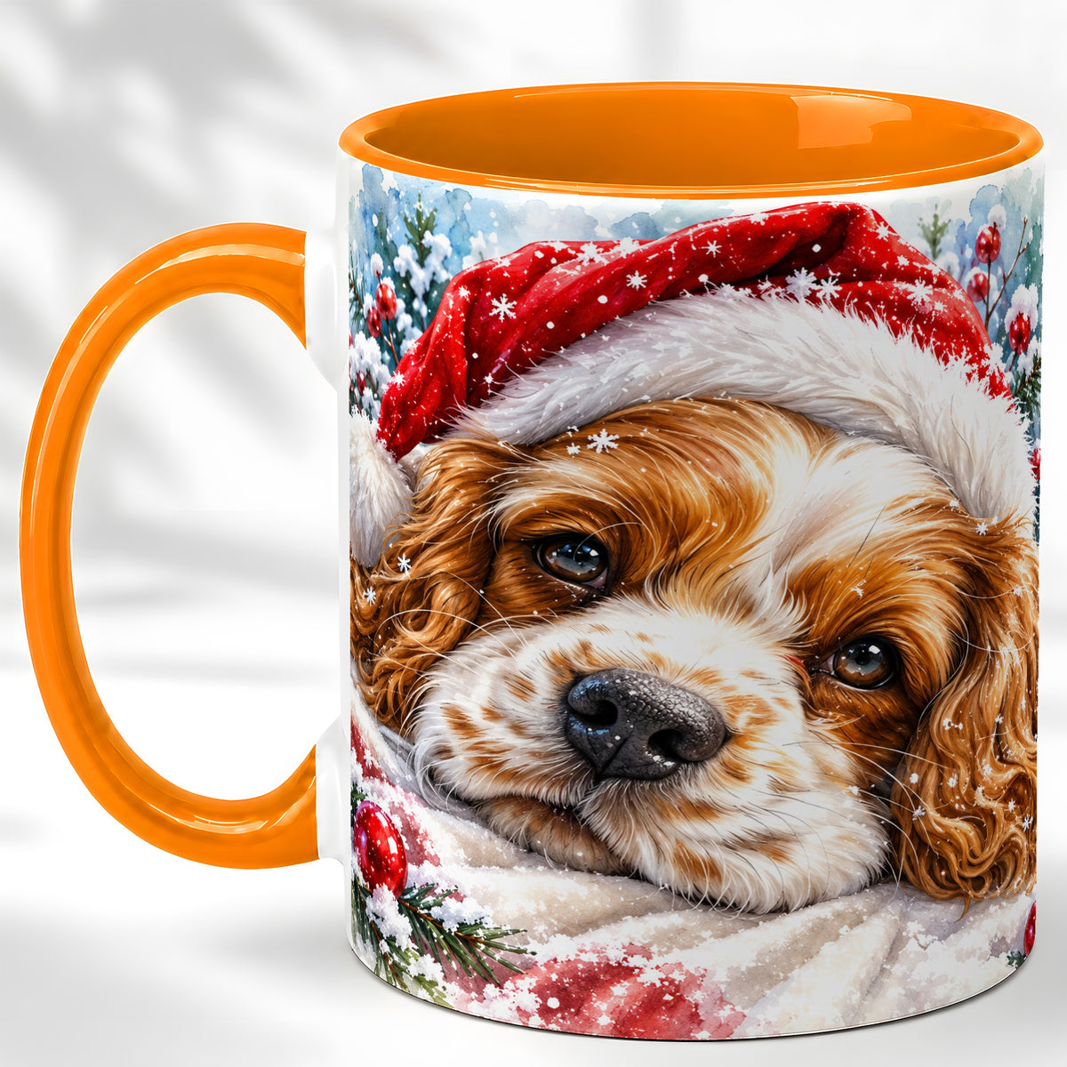 #pl[11oz|Orange] Christmas Spaniel Coffee Mug, Santa Dog Mug, Ceramic Cup