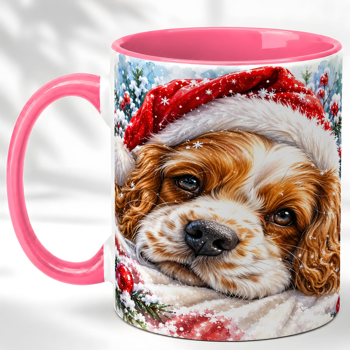 #pl[11oz|Pink] Christmas Spaniel Coffee Mug, Santa Dog Mug, Ceramic Cup