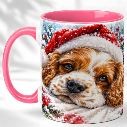 #pl[11oz|Pink] Christmas Spaniel Coffee Mug, Santa Dog Mug, Ceramic Cup