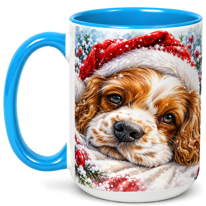 #pl[15oz|Blue] Christmas Spaniel Coffee Mug, Santa Dog Mug, Ceramic Cup