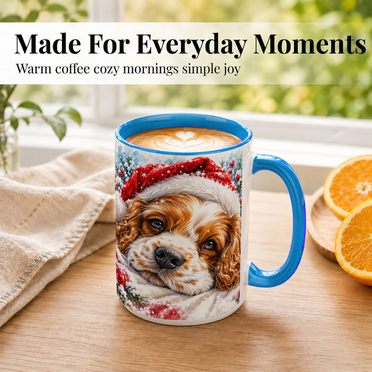 #pl[15oz|Blue] Christmas Spaniel Coffee Mug, Santa Dog Mug, Ceramic Cup