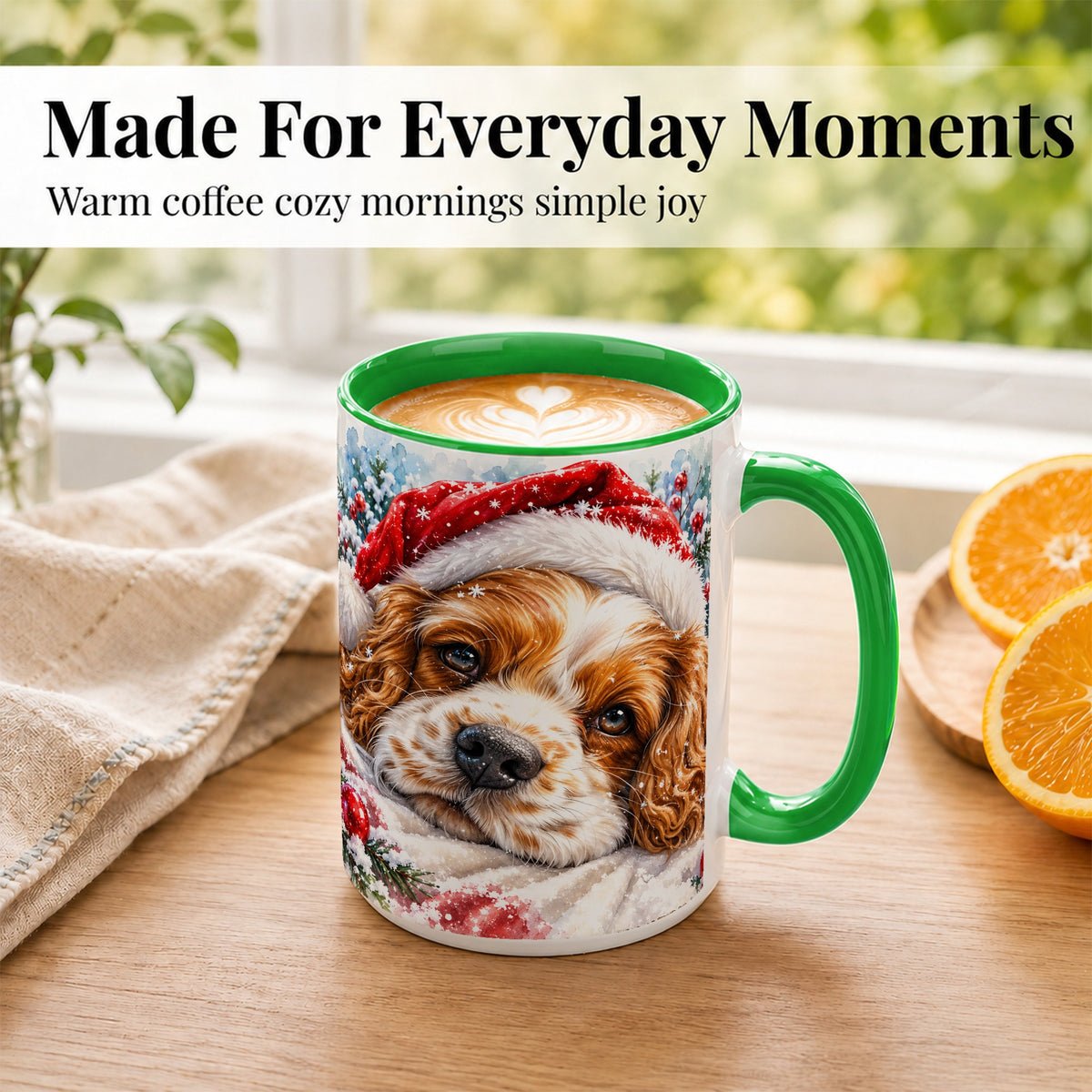 #pl[15oz|Green] Christmas Spaniel Coffee Mug, Santa Dog Mug, Ceramic Cup
