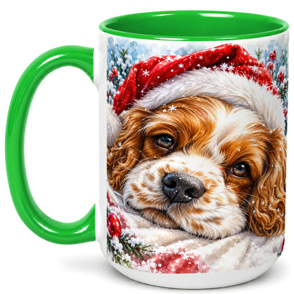 #pl[15oz|Green] Christmas Spaniel Coffee Mug, Santa Dog Mug, Ceramic Cup